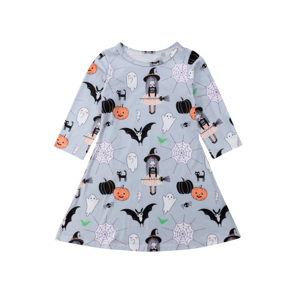 Halloween Girl's Dress Spider Pumpkin Cartoon Print Long Sleeve Children's Casual Skirt