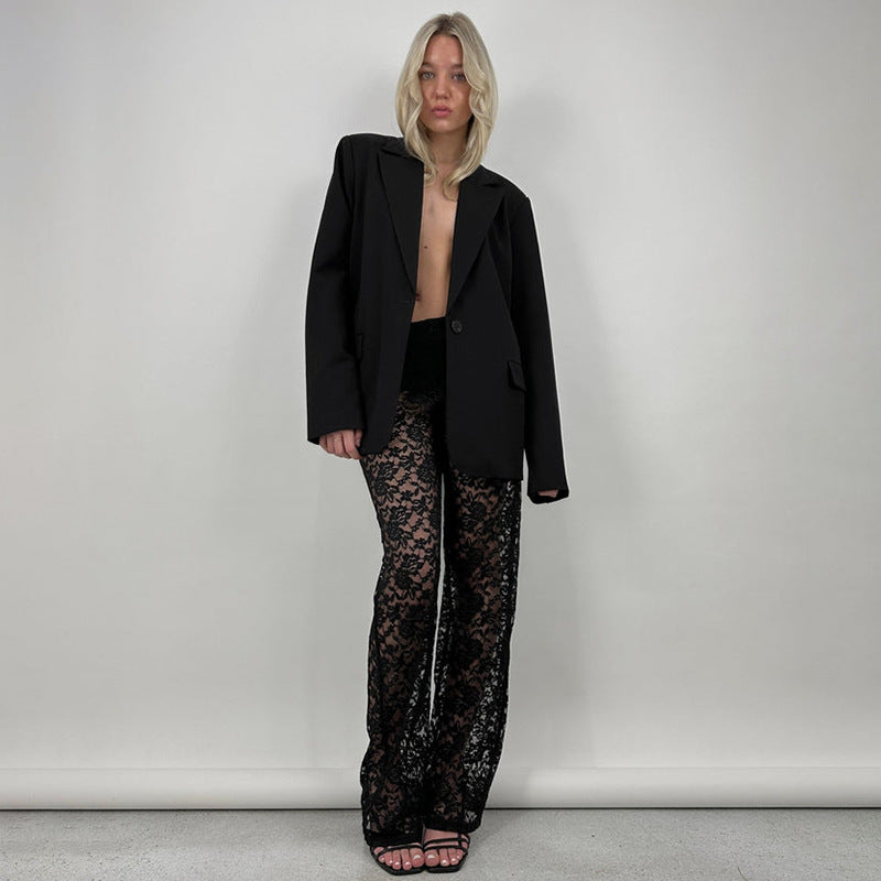 New All-match Lace High Waist Long Stitching Straight-leg Pants