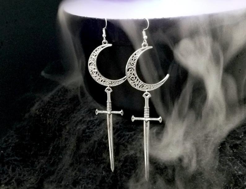 Hollow Moon Witch Gothic Long Sword Halloween Earrings