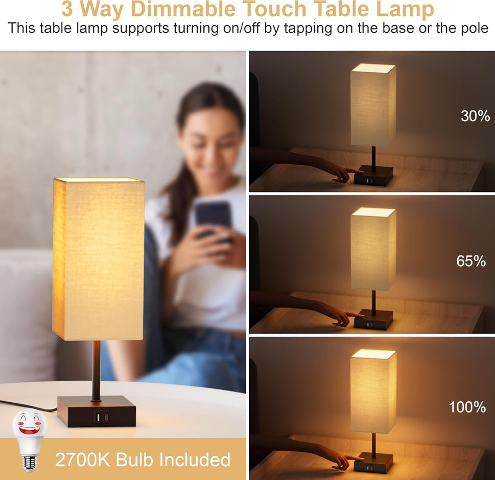 Bedside Lamps, Table Lamp with USB C+A Charging Ports, 3 Way Dimmable Touch Control, Small Nightstand Lamps for Bedroom, Home Decor, Living Room, LED Bulbs Included, Upgraded Beige