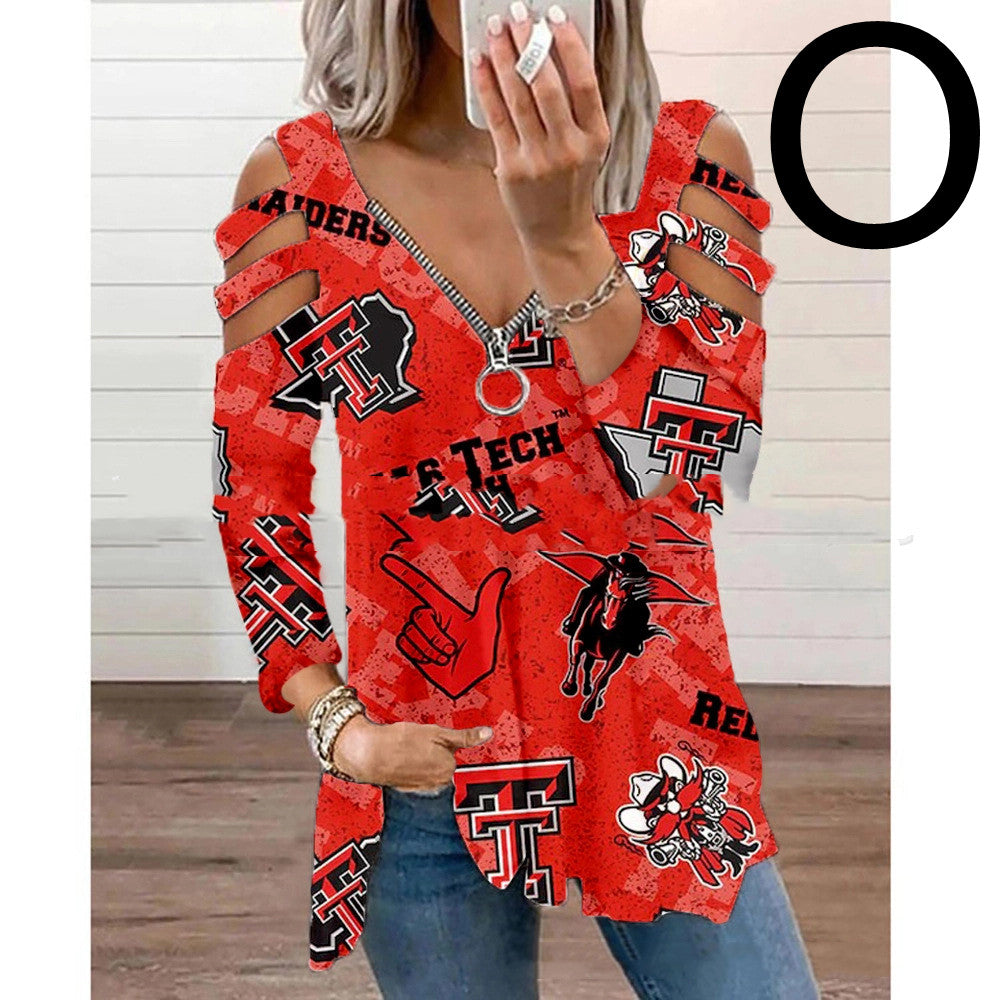 Halloween Theme Digital Printing Hollow V-neck Long-sleeved T-shirt