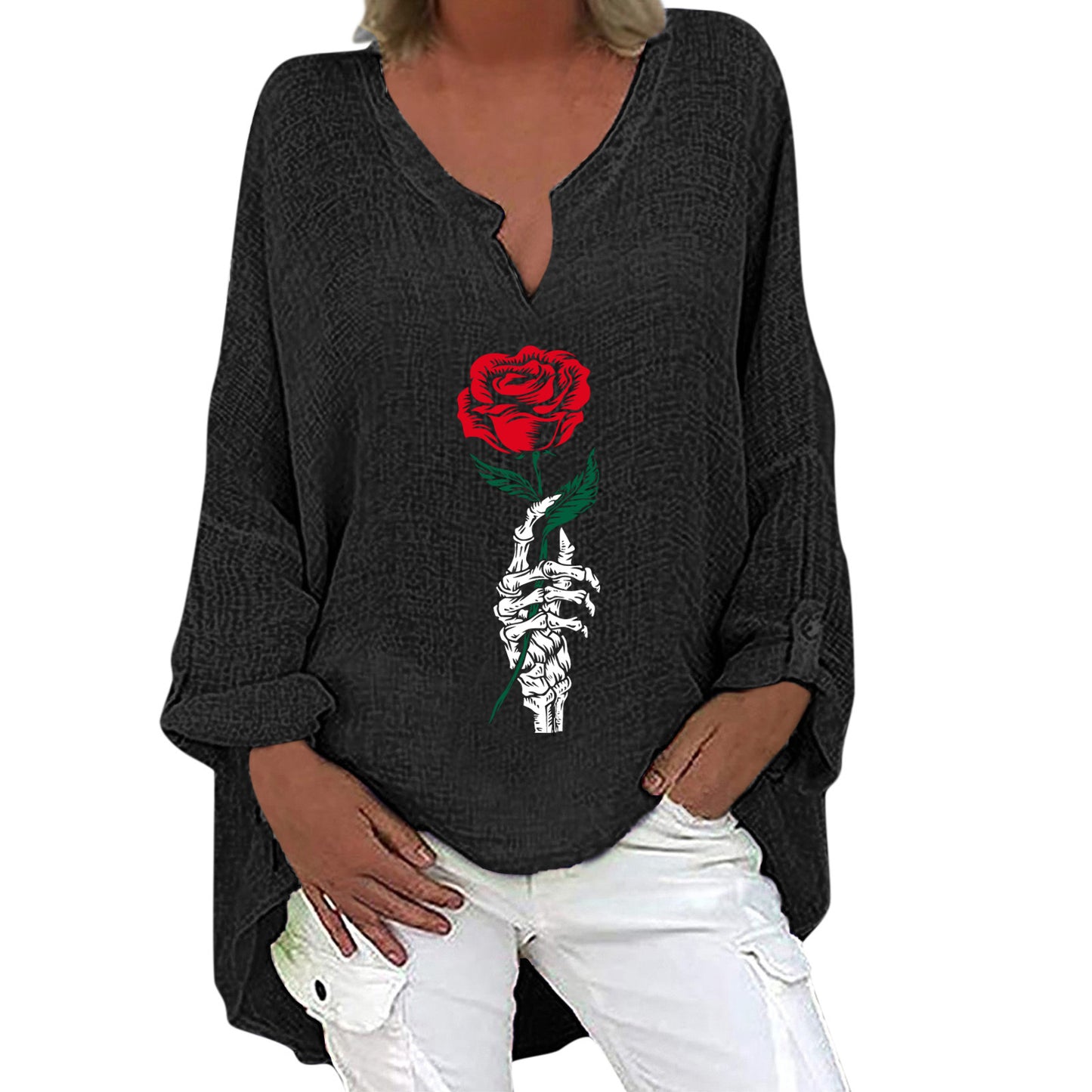 Halloween Themed Print V-neck Cotton Linen Long Sleeve Shirt For Women