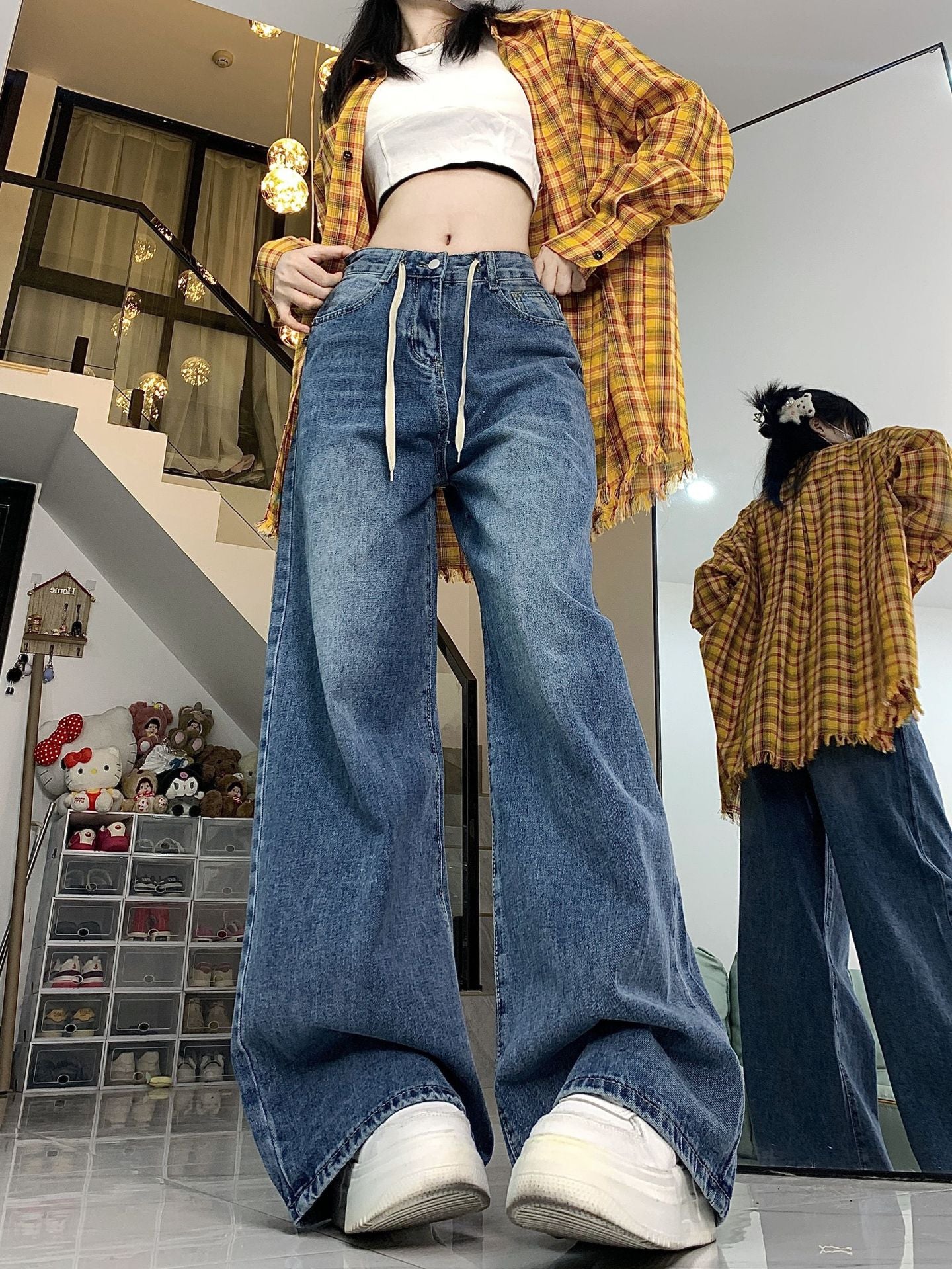High Waist Loose American Retro Drawstring Design Jeans