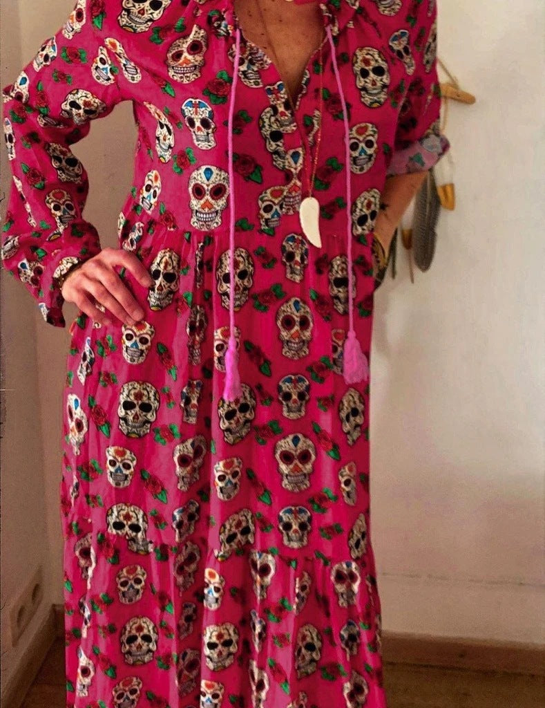 Halloween Skull Print Long-sleeved Big Dress
