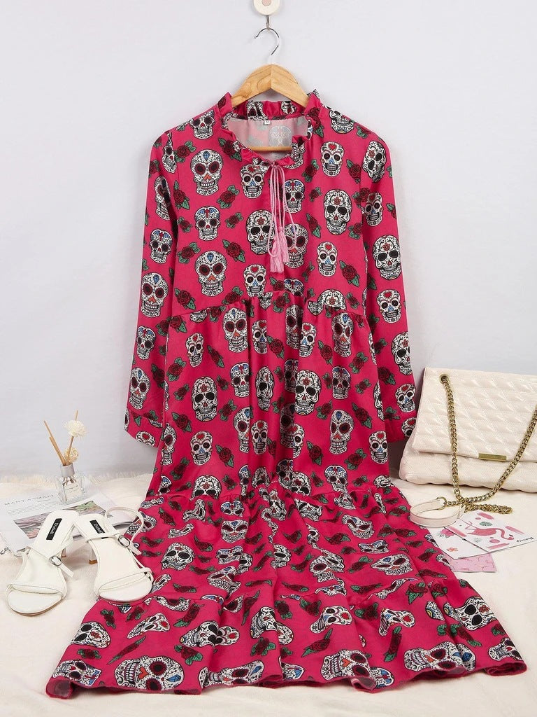 Halloween Skull Print Long-sleeved Big Dress