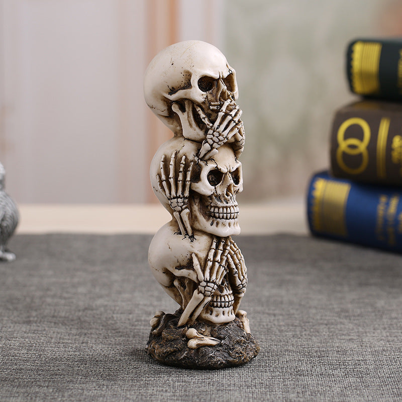 Hear-no See-no Speak-no Evil Skull Statue SculptureFigure Skeleton Stacked Skulls For Halloween Decoration Skull Collection