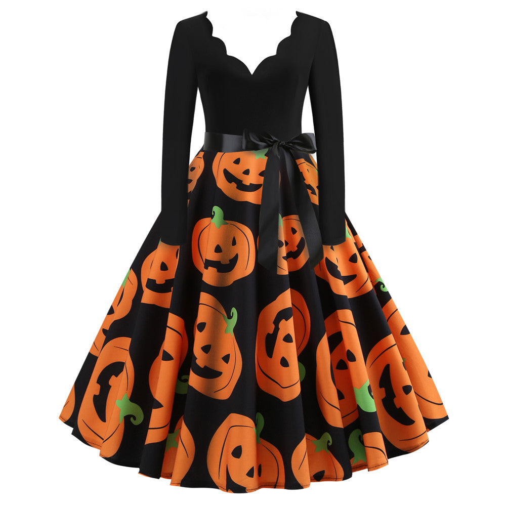 Halloween Burnt Flower V-neck Long-sleeved Sexy Print Big Swing Dress