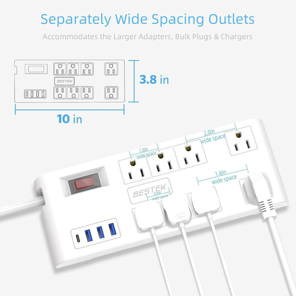 8 AC Outlet, 5 Feet Extension Cord Power Strip with 3 USB-A 2.4A 1USB-C 3A, MAX Output 1625W 13A, 600Joule, Ultra-Compact Wide Spaced Outlet for Large Plug