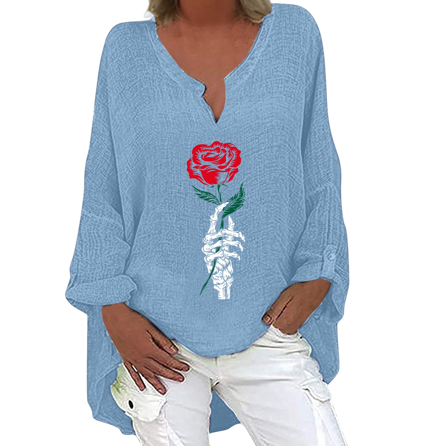 Halloween Themed Print V-neck Cotton Linen Long Sleeve Shirt For Women
