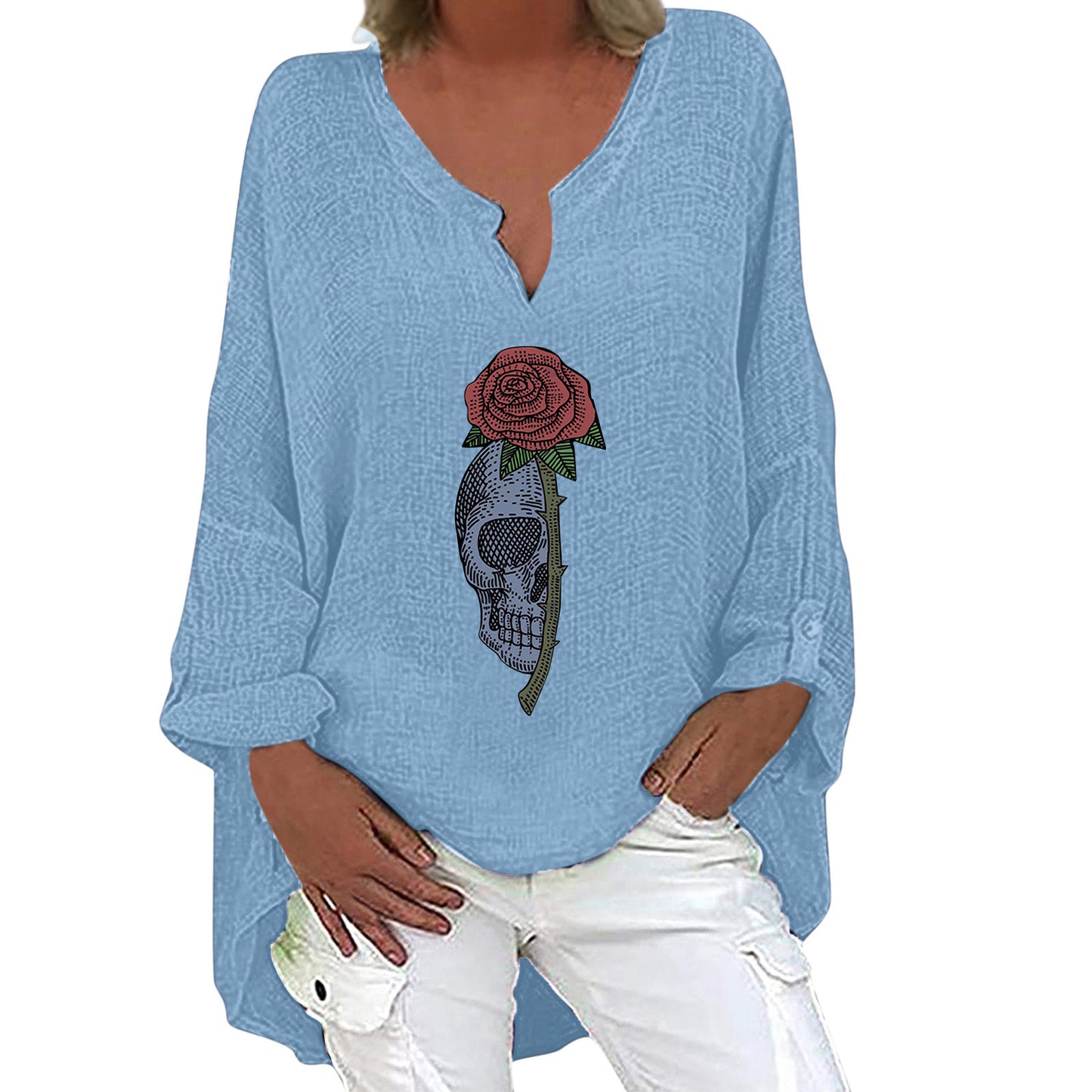 Halloween Themed Print V-neck Cotton Linen Long Sleeve Shirt For Women