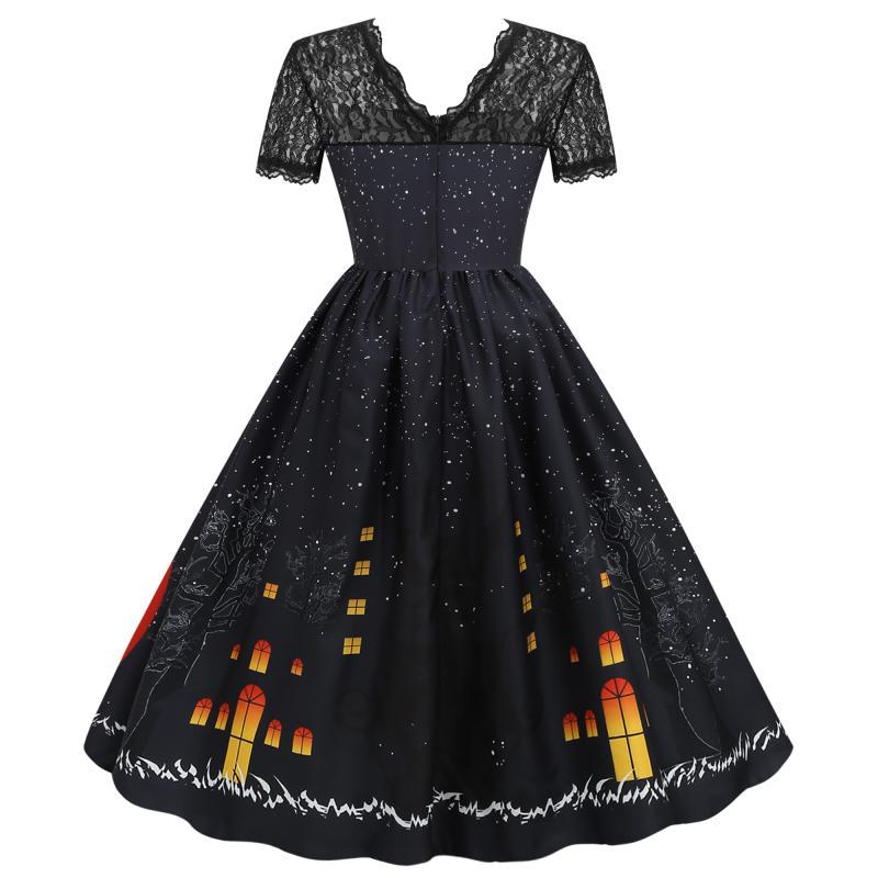 Halloween Party Lace Patchwork Positioning Print Short Sleeve Swing Dress