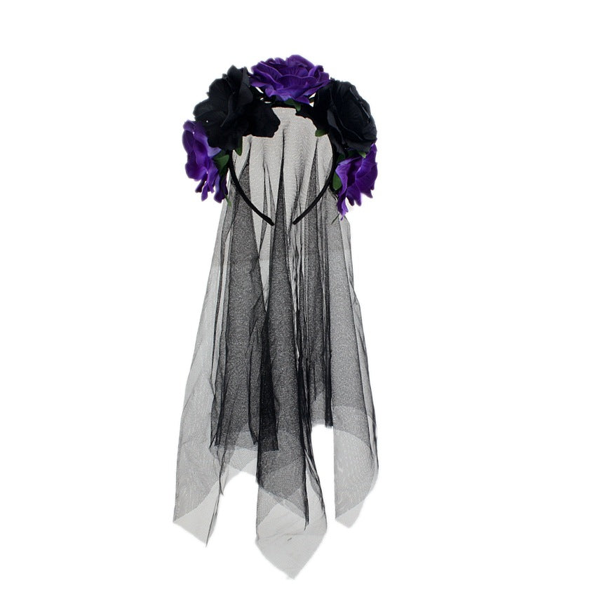 Halloween Headband Rose Flower Black Veil Witch