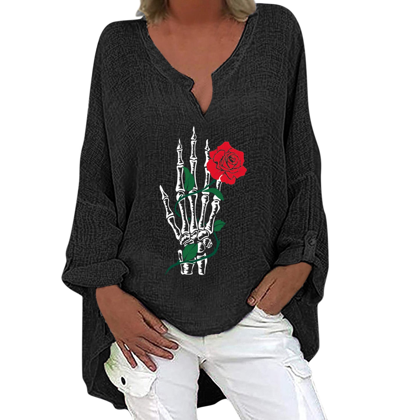 Halloween Themed Print V-neck Cotton Linen Long Sleeve Shirt For Women