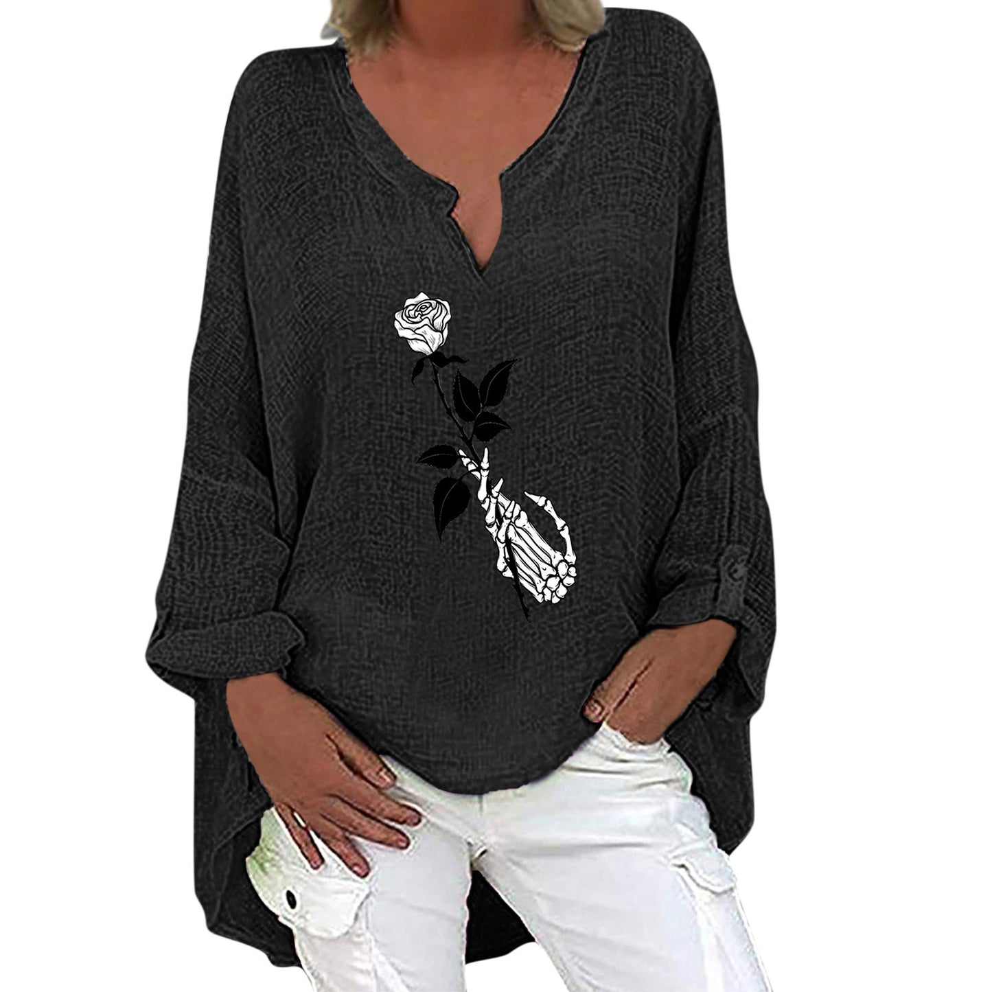 Halloween Themed Print V-neck Cotton Linen Long Sleeve Shirt For Women