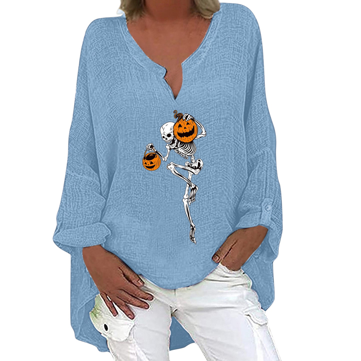 Halloween Themed Print V-neck Cotton Linen Long Sleeve Shirt For Women