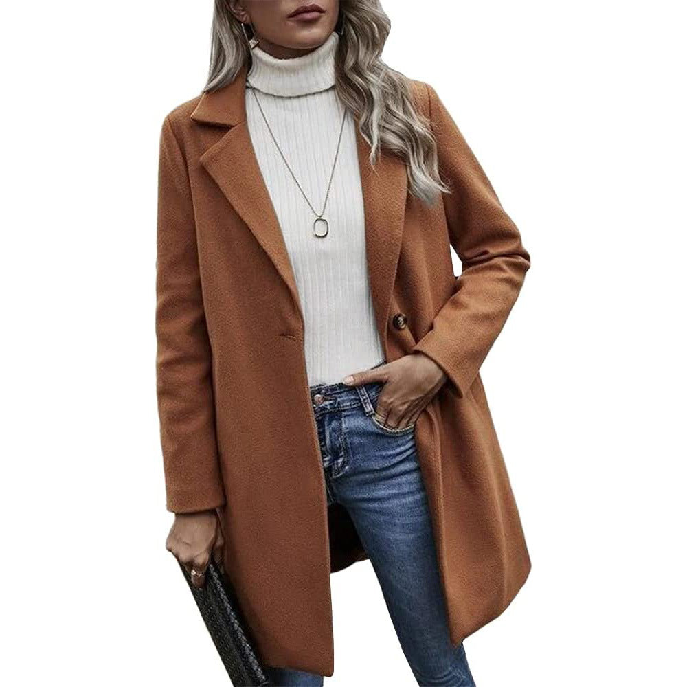 Button reversible trench coat Women's solid color pocket loose long sleeve woolen coat coat