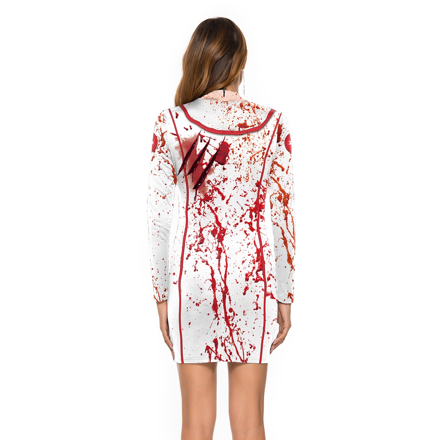 European And American Halloween Nurse Zombie Round Neck Slim Long Sleeve Dress