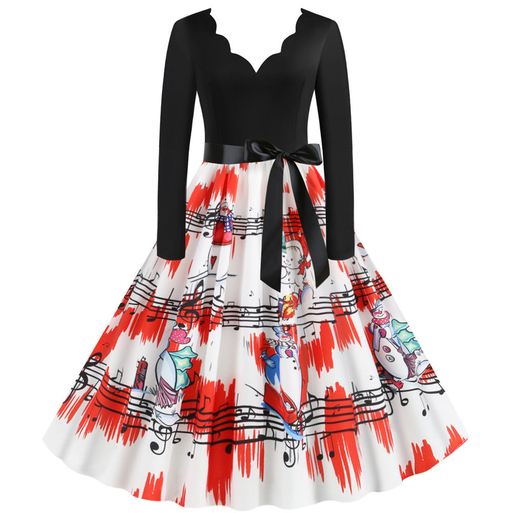 Halloween Burnt Flower V-neck Long-sleeved Sexy Print Big Swing Dress