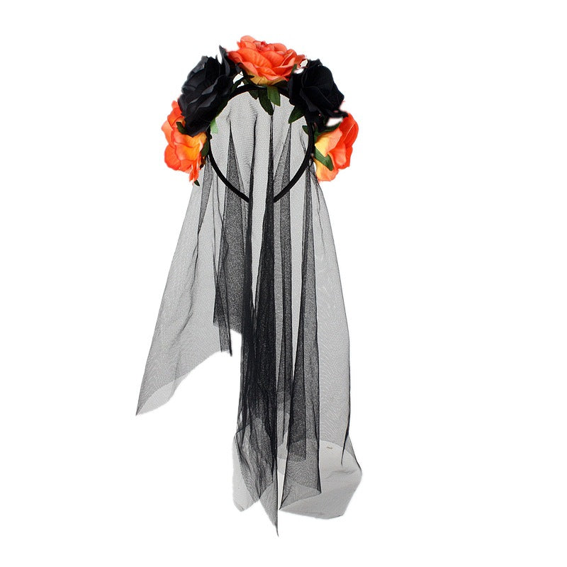 Halloween Headband Rose Flower Black Veil Witch