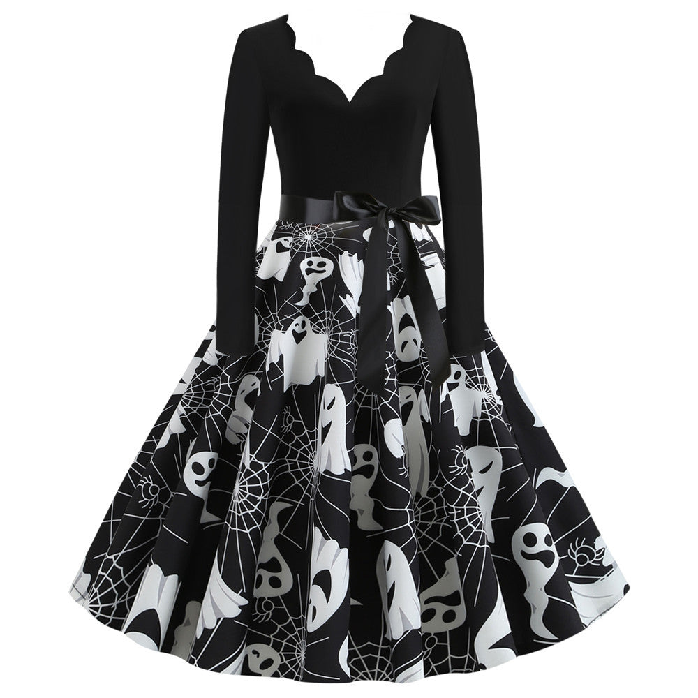 Halloween Burnt Flower V-neck Long-sleeved Sexy Print Big Swing Dress