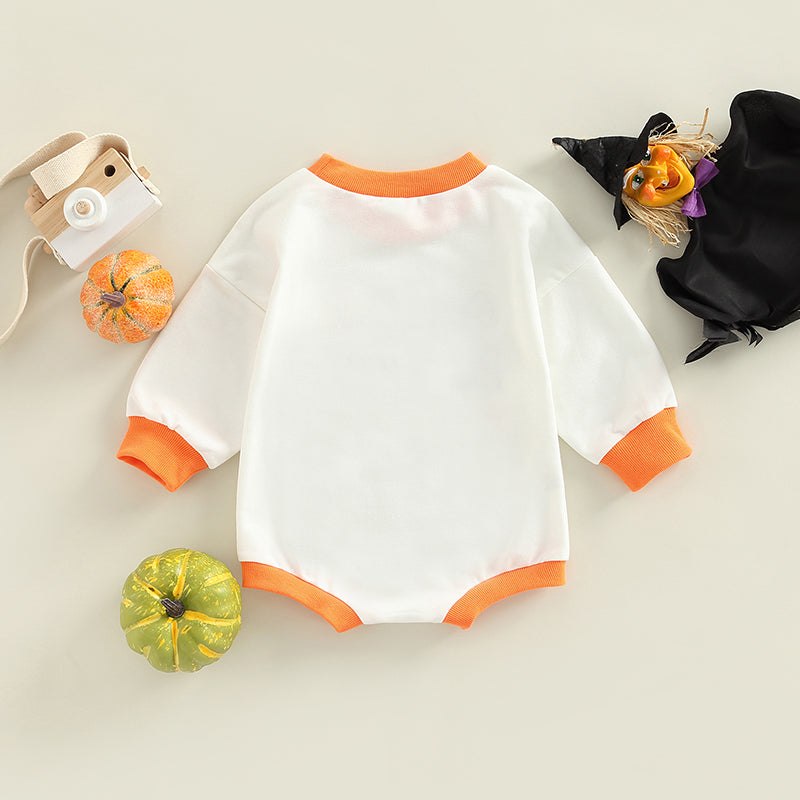 Halloween Alphabet Pumpkin Print Crew Neck Long Sleeve Romper