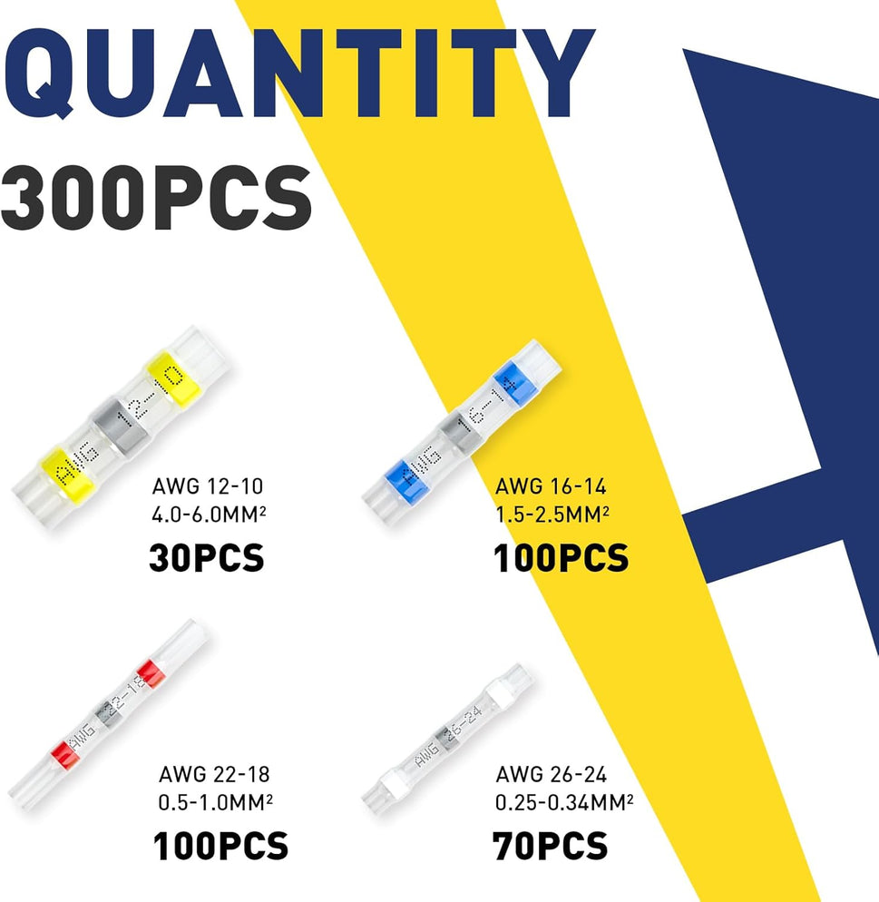 300PCS Solder Seal Wire Connectors- Marine Grade Heat Shrink Wire Connectors-Heat Shrink Butt Connectors for Marine,Stereo(30Yellow 70White 100Red 100Blue) Solder Sleeve