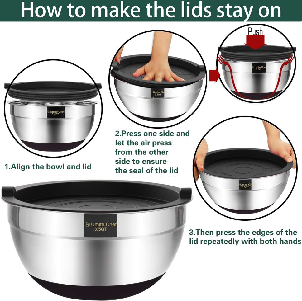 Mixing Bowls with Airtight Lids,6 Piece Stainless Steel Metal Nesting Storage Bowls, Non-Slip Bottoms Size 7, 3.5, 2.5, 2.0,1.5, 1QT, Great for Mixing & Serving(Black)