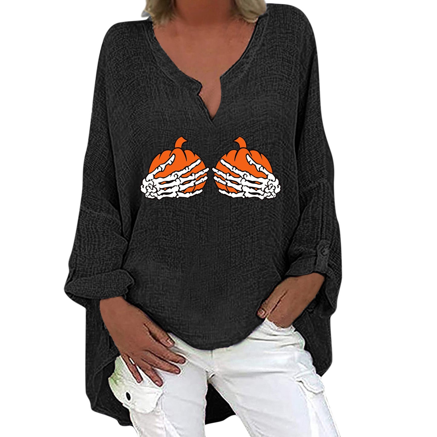 Halloween Themed Print V-neck Cotton Linen Long Sleeve Shirt For Women