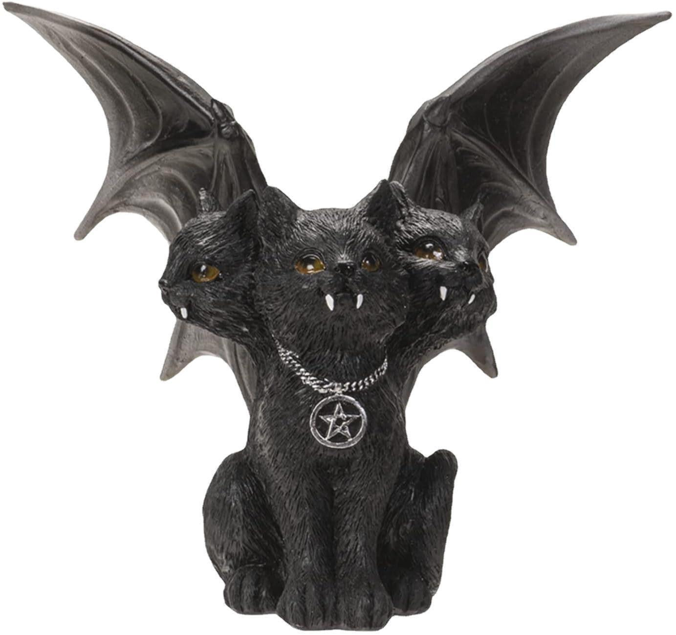 Amazon Halloween Cross-border New Arrival Dark Evil Bat Wings Three-head Cat Resin Crafts Decoration Ornaments