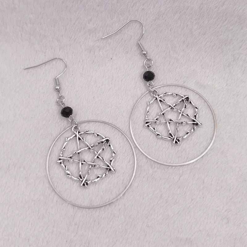 R Gothic Pagan Jewelry Halloween Gift Earrings Silver Circle Pentagram Earrings