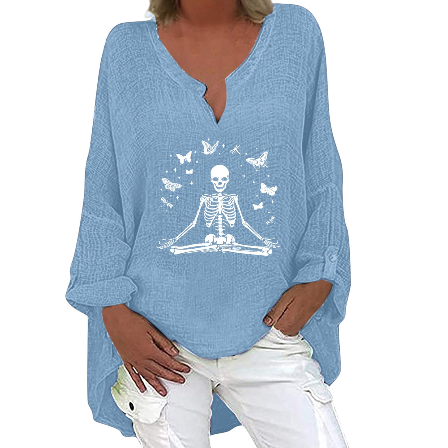Halloween Themed Print V-neck Cotton Linen Long Sleeve Shirt For Women