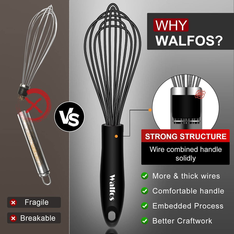 Silicone Whisk,Stainless Steel Wire Whisk Set of 3 -Heat Resistant 480°F Kitchen Whisks for Non-Stick Cookware,Balloon Egg Beater Perfect for Blending,Whisking,Beating,Frothing & Stirring,Black