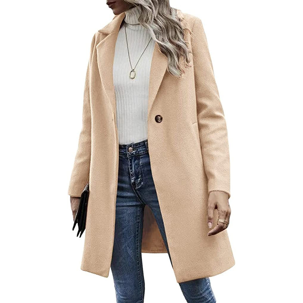 Button reversible trench coat Women's solid color pocket loose long sleeve woolen coat coat