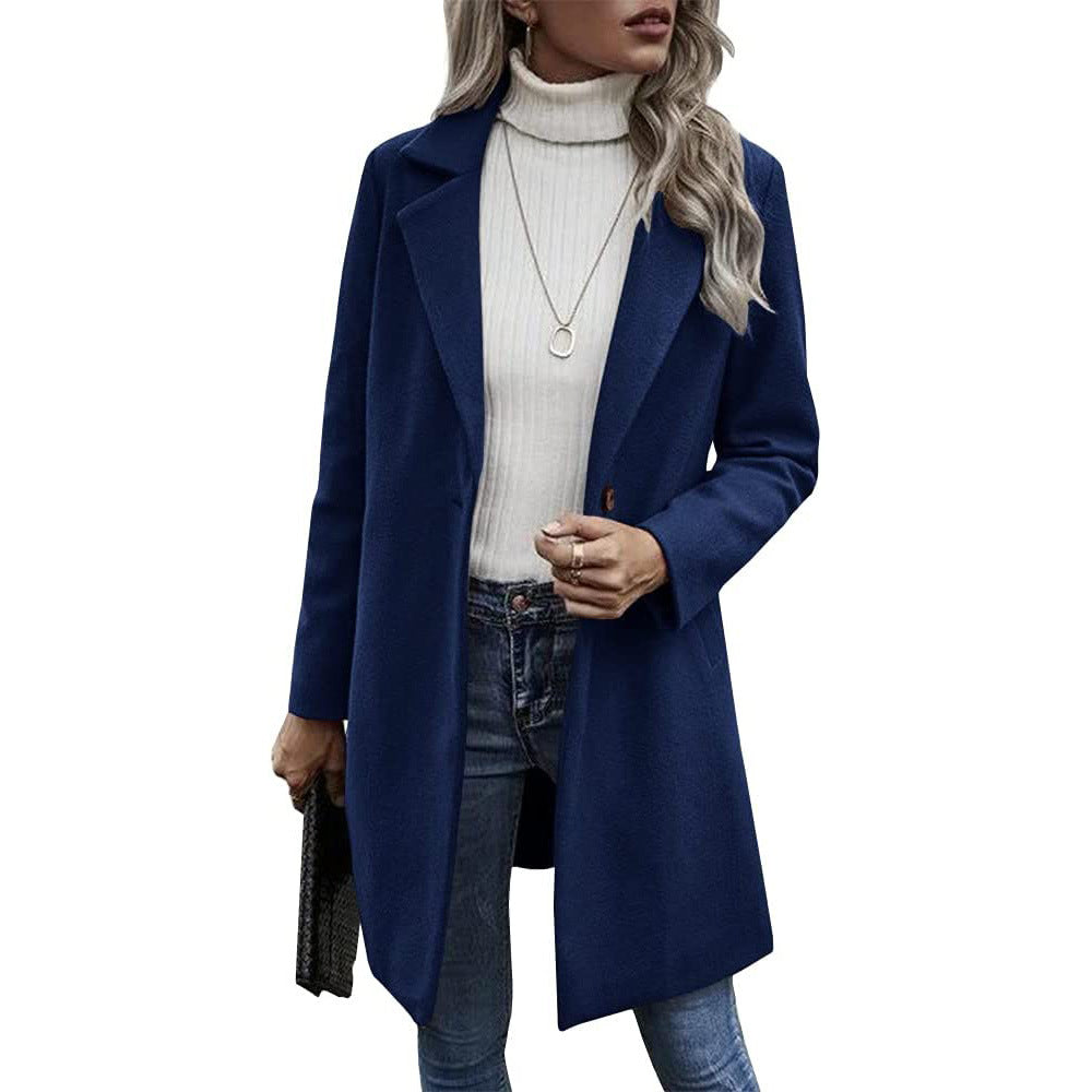 Button reversible trench coat Women's solid color pocket loose long sleeve woolen coat coat