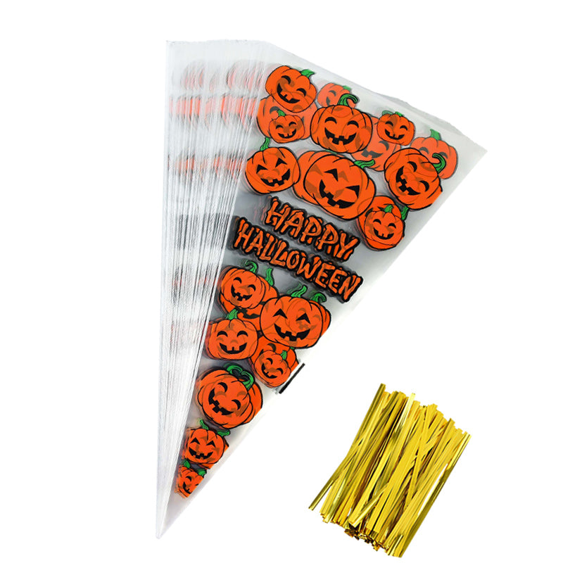 100Pcs Halloween Cone Bag Pumpkin Bat Spider Triangle Shape