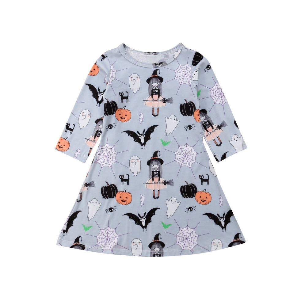 Halloween Girl's Dress Spider Pumpkin Cartoon Print Long Sleeve Children's Casual Skirt