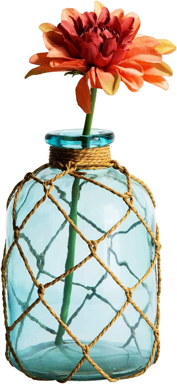 Small Blue Glass Bottle Vase with Rope Net