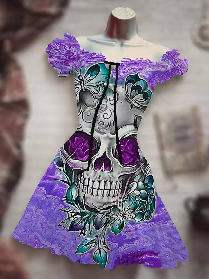 Halloween Print Drawstring Dress With Puffy Sleeves