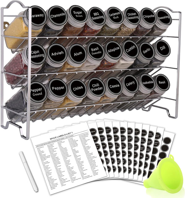 Spice Rack with 24 Glass Jars & 396 Labels