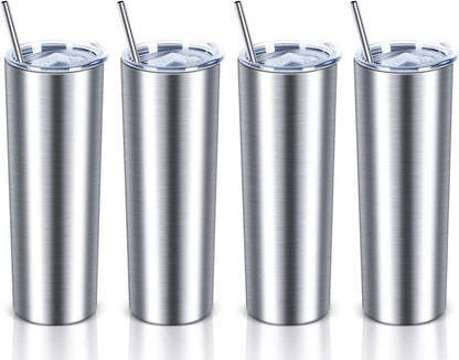 20 Oz Skinny Stainless Steel Tumbler Set with Lids, Insulated Slim Water Tumbler for DIY, Silver