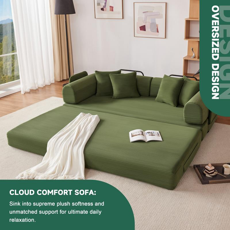 79" Oversized Boneless Couch with 4 Pillows,5 in 1 Convertible Sleeper Futon Sofa Bed with Deep Seat,Corduroy Foldable Modular Floor Pull Out Couch for Living Room,No Assemble