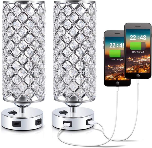 Crystal Table Lamps Set of 2 with Dual USB