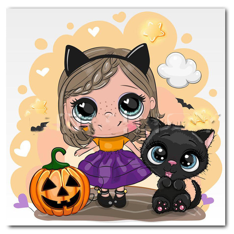 Halloween Cat Square Rhombus Cartoon Embroidery Diamond Painting