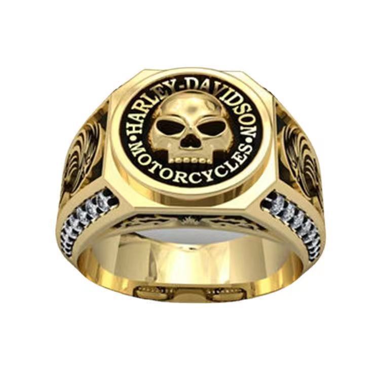 Letter-Embedded Rhinestone Skull Stripe Ring
