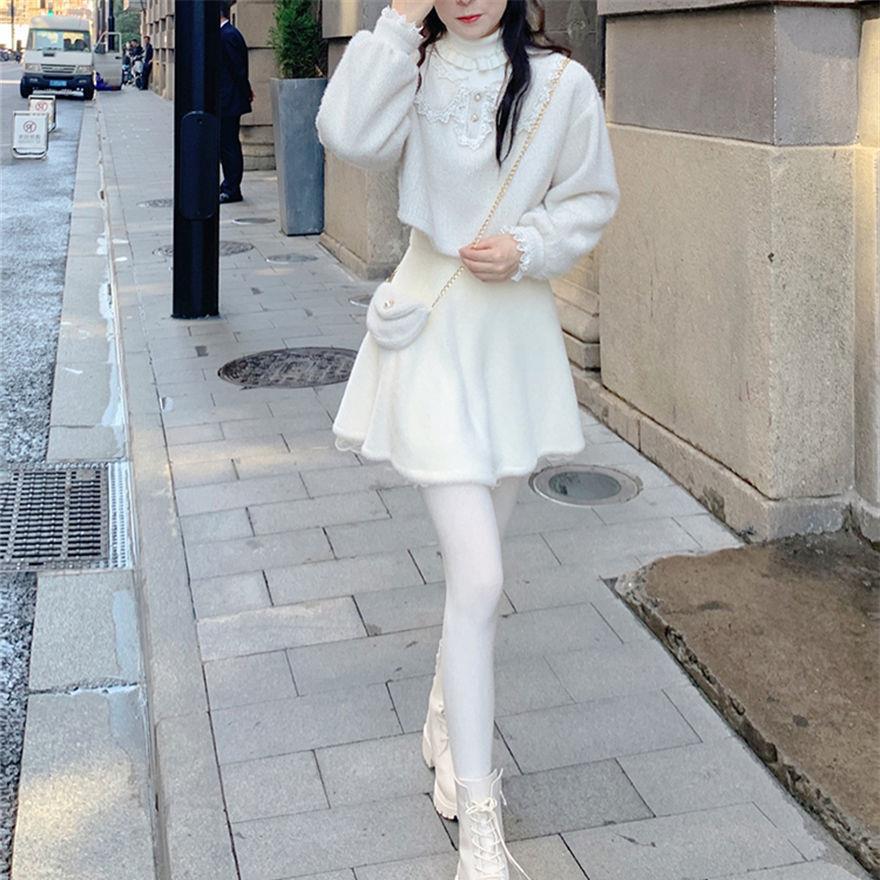 Cute Youth-looking Cute Furry Skirt Lace Stitching High Waist Slimming A- Line Skirt