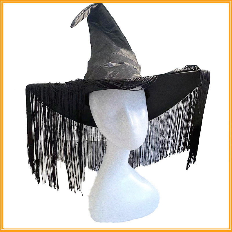 Purple Pleated Halloween Party Witch Adult Tassel Cover Face Mysterious Black Color & Pleats Curved Hat