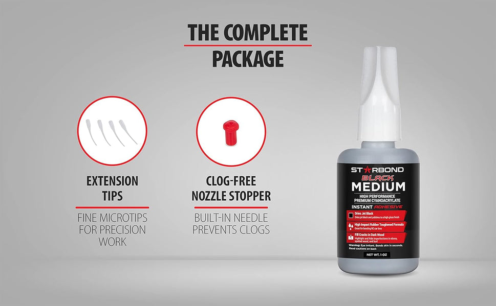 Premium Grade Cyanoacrylate (CA) Super Glue, Black Medium Crack Filler 150 CPS Viscosity Adhesive for Woodworking, Woodturning, Carpentry, 1Oz (28G)