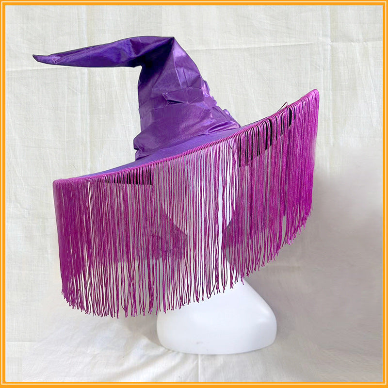 Purple Pleated Halloween Party Witch Adult Tassel Cover Face Mysterious Black Color & Pleats Curved Hat