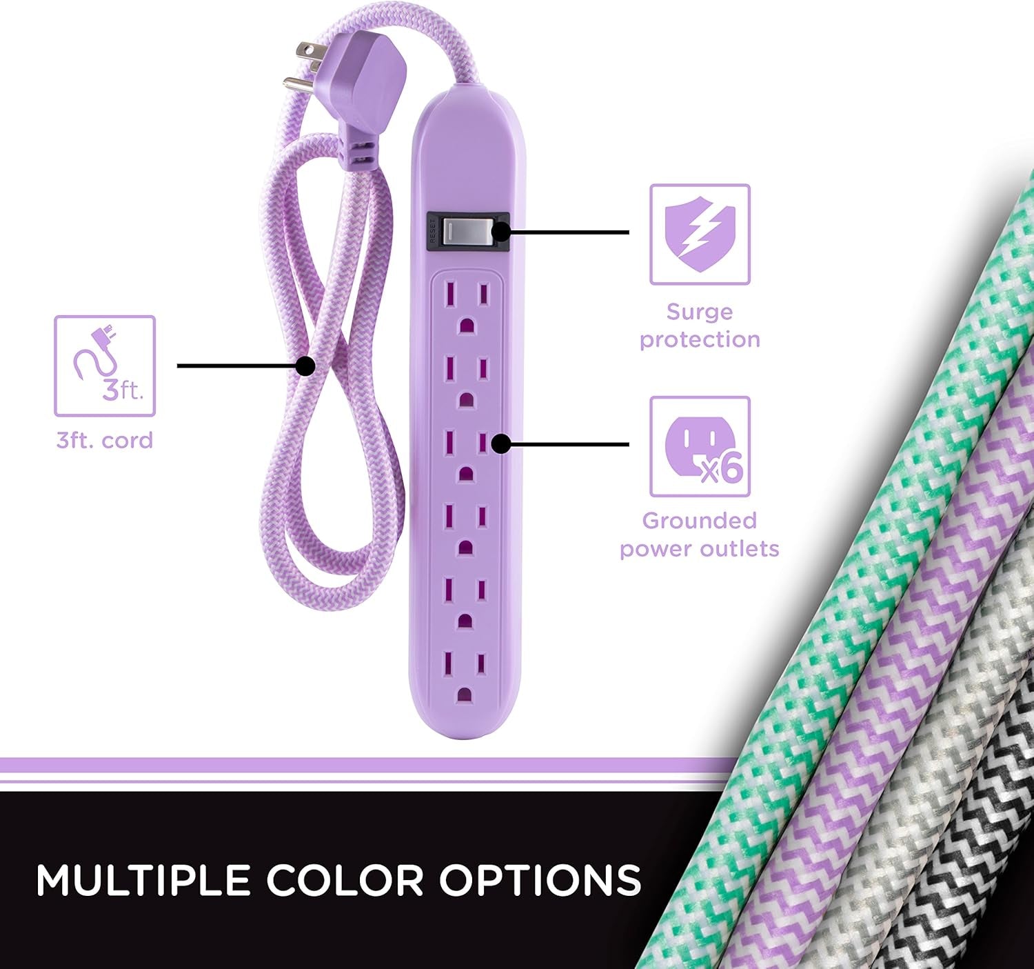 6-Outlet Surge Protector, Power Strip, Flat Plug, Braided Cord, Decorative, 3 Ft Power Cord, Wall Mount, Tangle-Free, Warranty, Lavender, 41639