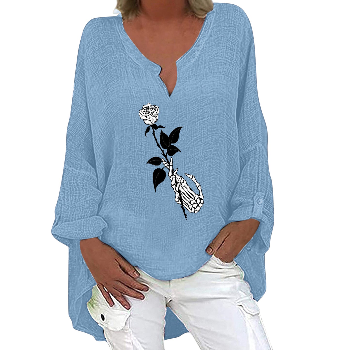Halloween Themed Print V-neck Cotton Linen Long Sleeve Shirt For Women